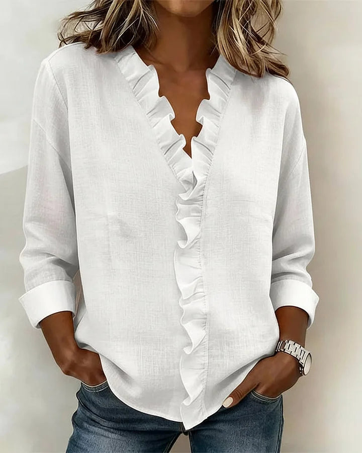 Margaux | Blouse with Ruffles, V-Neck and Long Sleeves