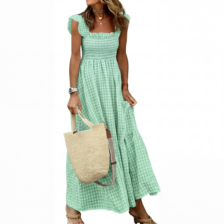 CORINNA – Patchwork Plaid Flared Midi Dress