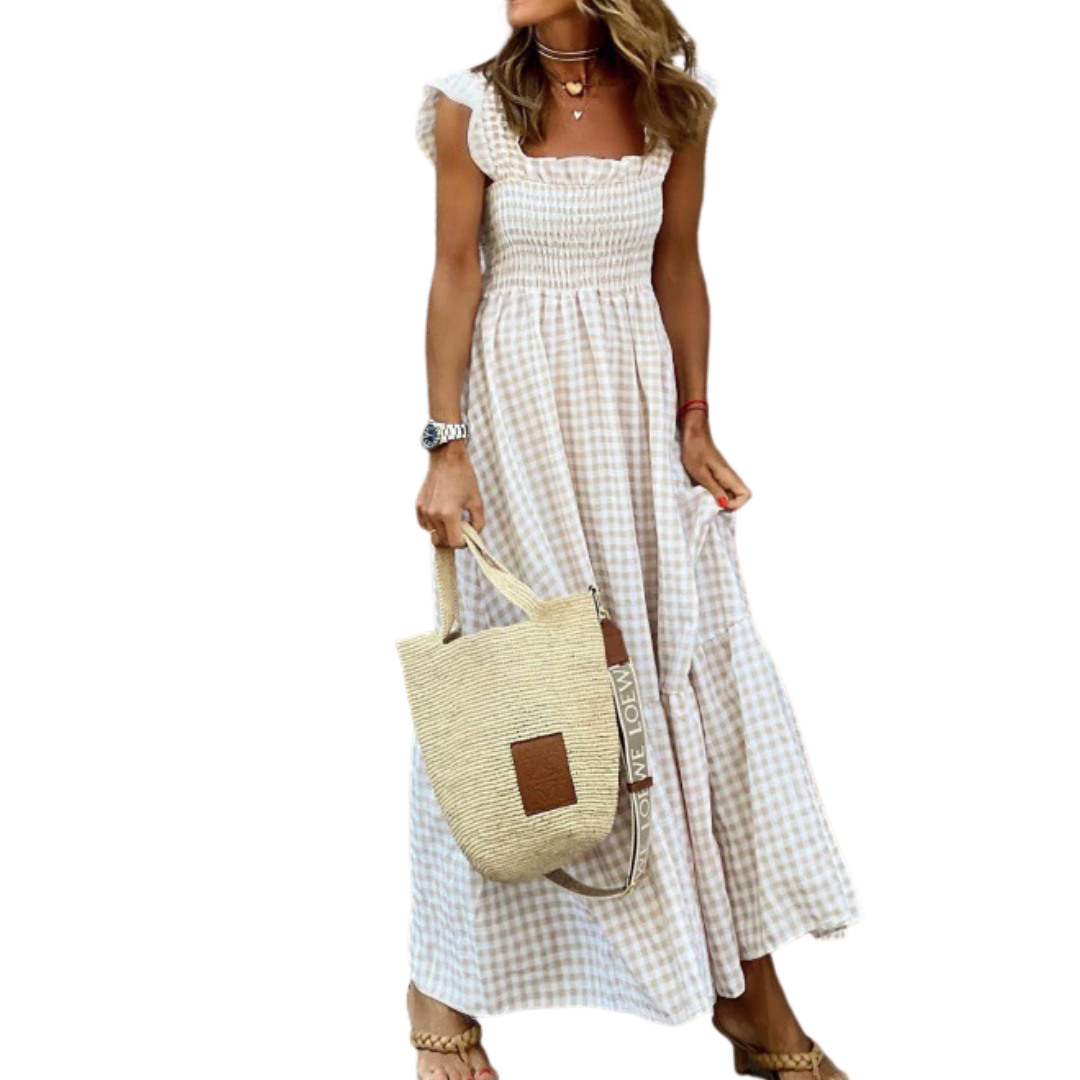 CORINNA – Patchwork Plaid Flared Midi Dress
