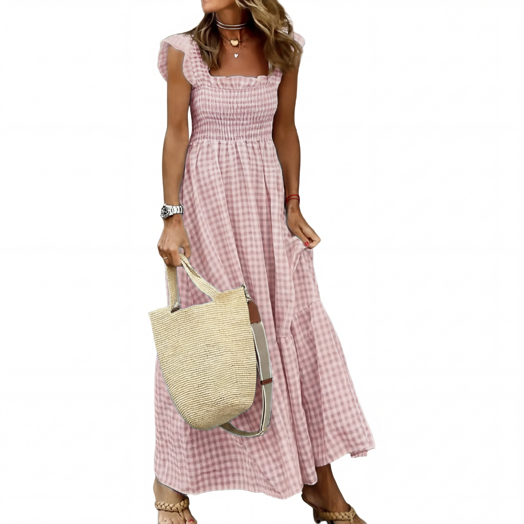 CORINNA – Patchwork Plaid Flared Midi Dress
