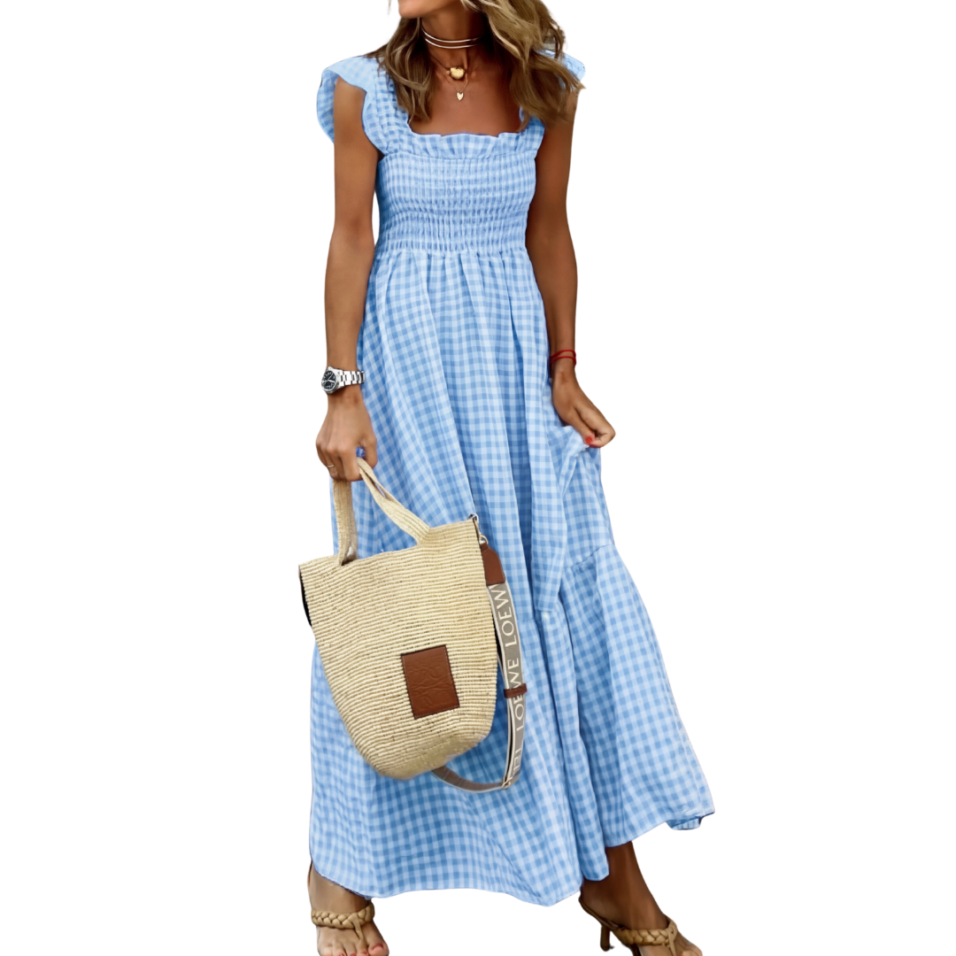 CORINNA – Patchwork Plaid Flared Midi Dress