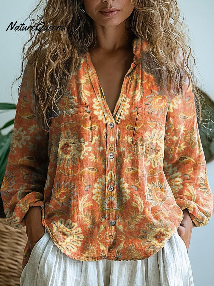 Melanie | Women's Vintage Lovely Floral Art Print Casual Long Sleeve Comfortable Cotton Shirt