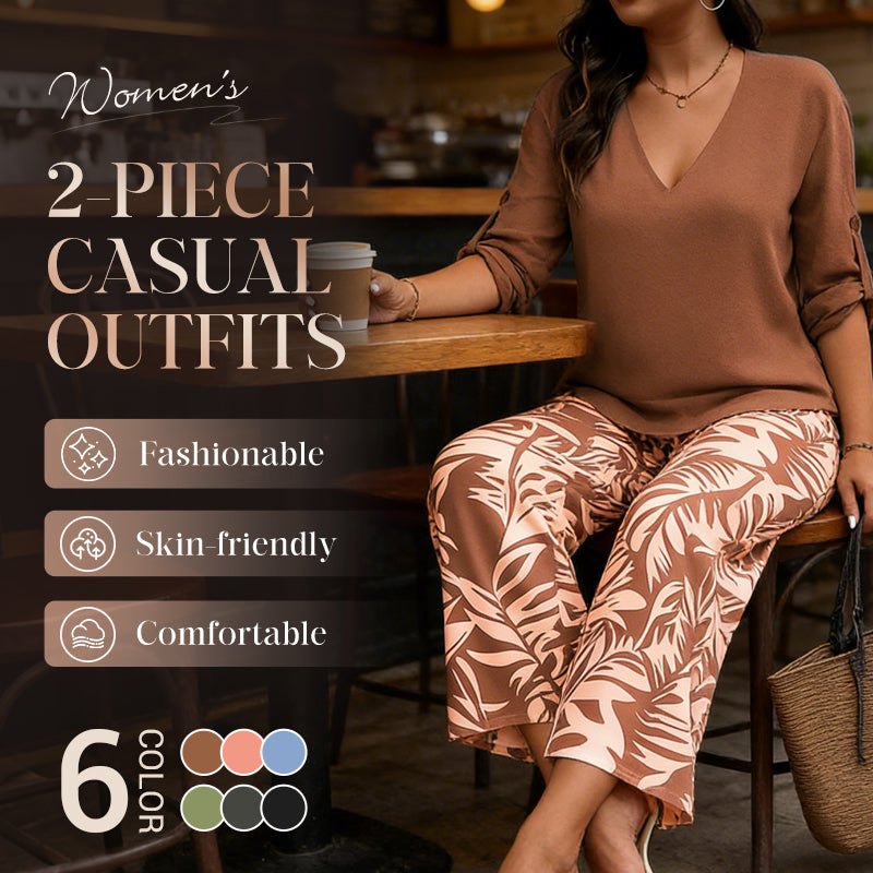 Nicola-Women's V-Neck Blouse & Printed Wide-Leg Pants Set