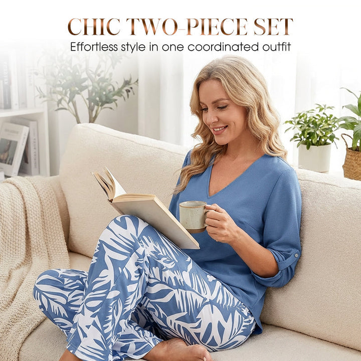 Nicola-Women's V-Neck Blouse & Printed Wide-Leg Pants Set