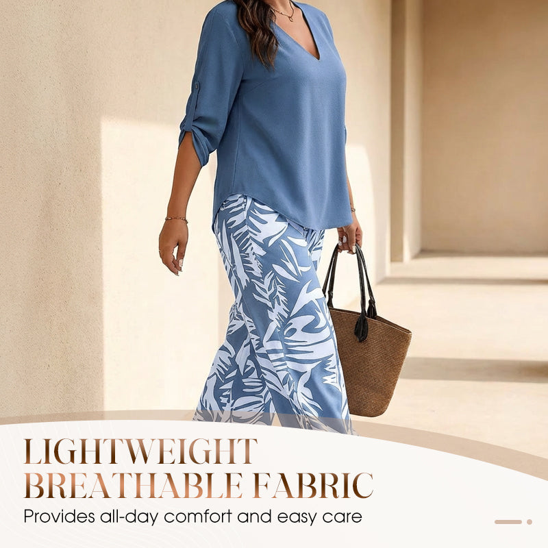 Nicola-Women's V-Neck Blouse & Printed Wide-Leg Pants Set