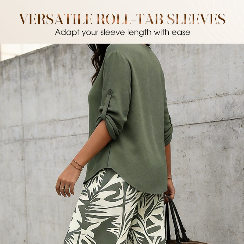 Nicola-Women's V-Neck Blouse & Printed Wide-Leg Pants Set