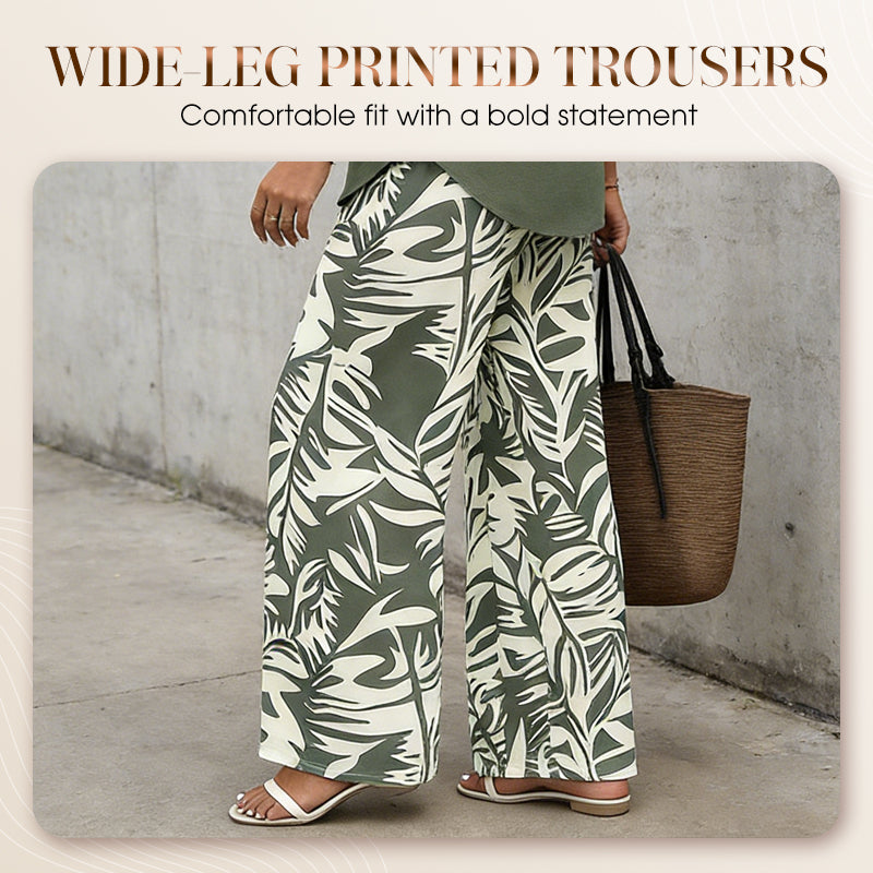 Nicola-Women's V-Neck Blouse & Printed Wide-Leg Pants Set