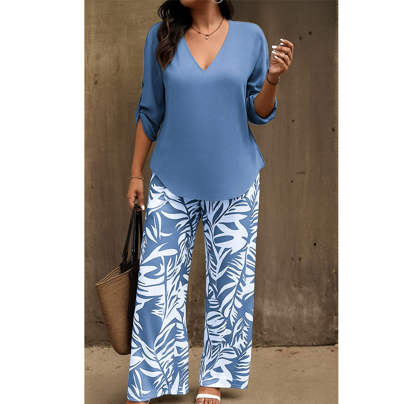 Nicola-Women's V-Neck Blouse & Printed Wide-Leg Pants Set