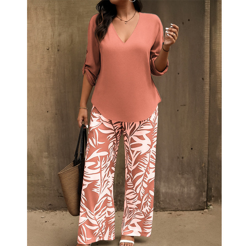 Nicola-Women's V-Neck Blouse & Printed Wide-Leg Pants Set