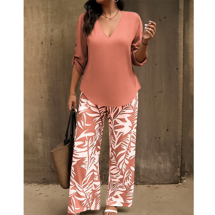 Nicola-Women's V-Neck Blouse & Printed Wide-Leg Pants Set