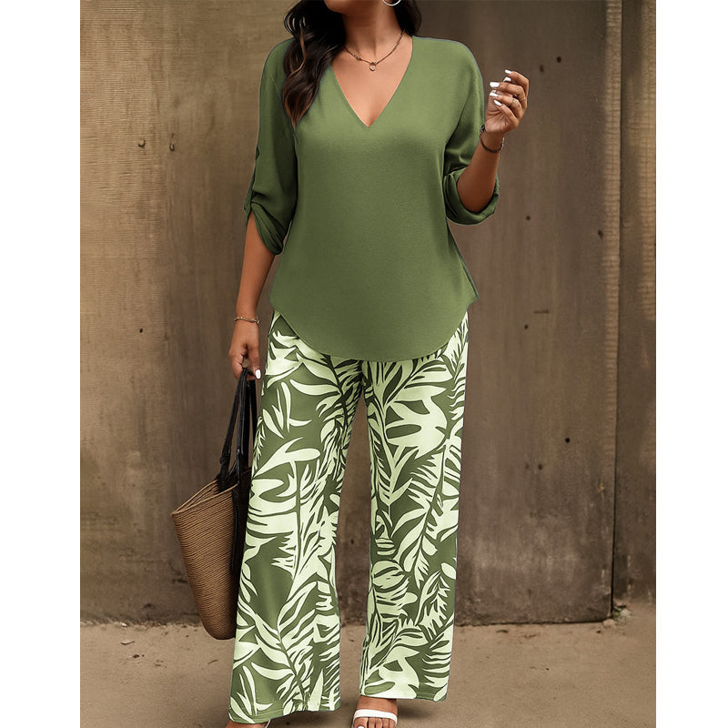 Nicola-Women's V-Neck Blouse & Printed Wide-Leg Pants Set