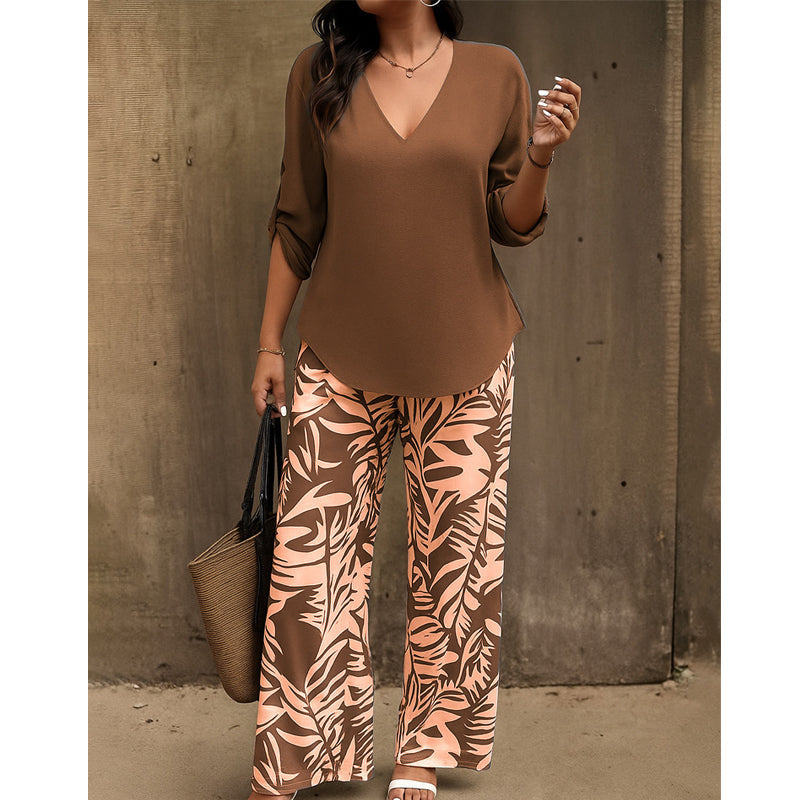 Nicola-Women's V-Neck Blouse & Printed Wide-Leg Pants Set