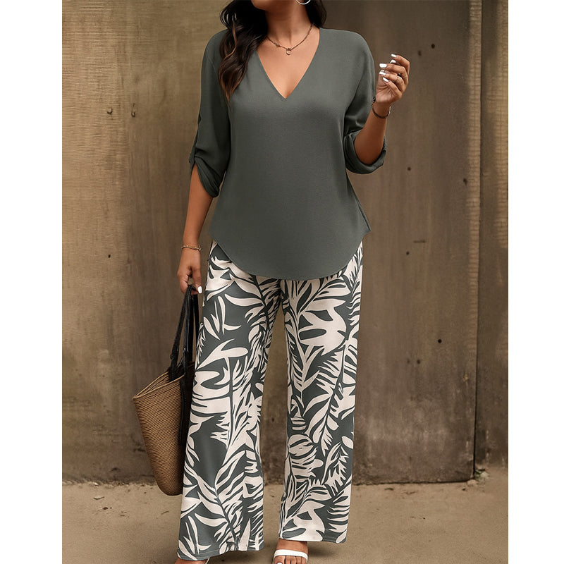 Nicola-Women's V-Neck Blouse & Printed Wide-Leg Pants Set