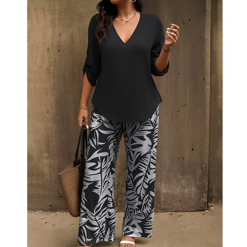 Nicola-Women's V-Neck Blouse & Printed Wide-Leg Pants Set