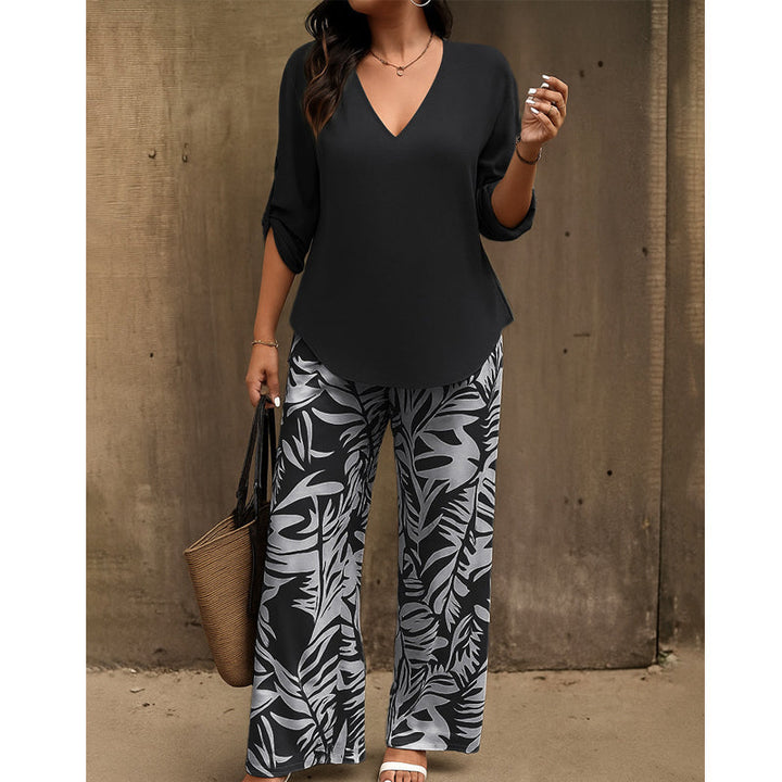 Nicola-Women's V-Neck Blouse & Printed Wide-Leg Pants Set